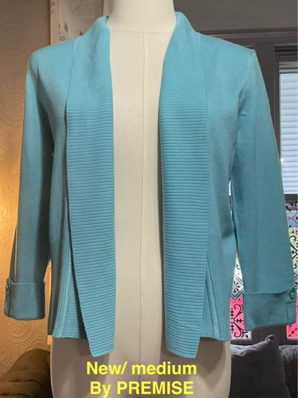 Premise Light Aqua Open-Front Ribbed Shawl Collar Cardigan